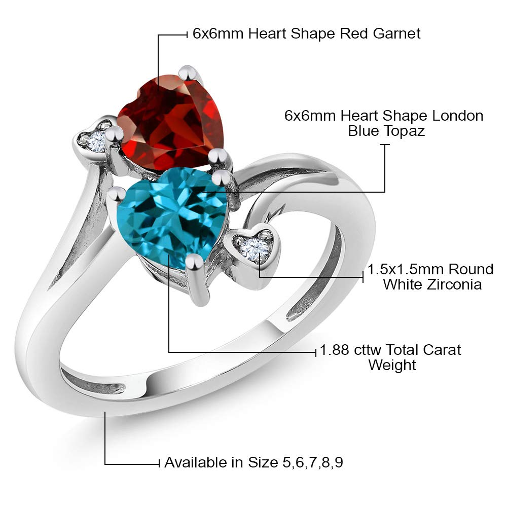 Gem Stone King 925 Sterling Silver London Blue Topaz Red Garnet Ring For Women (1.88 Cttw, Heart Shape 6MM, Gemstone November Birthstone, Available In Size 5, 6, 7, 8, 9)