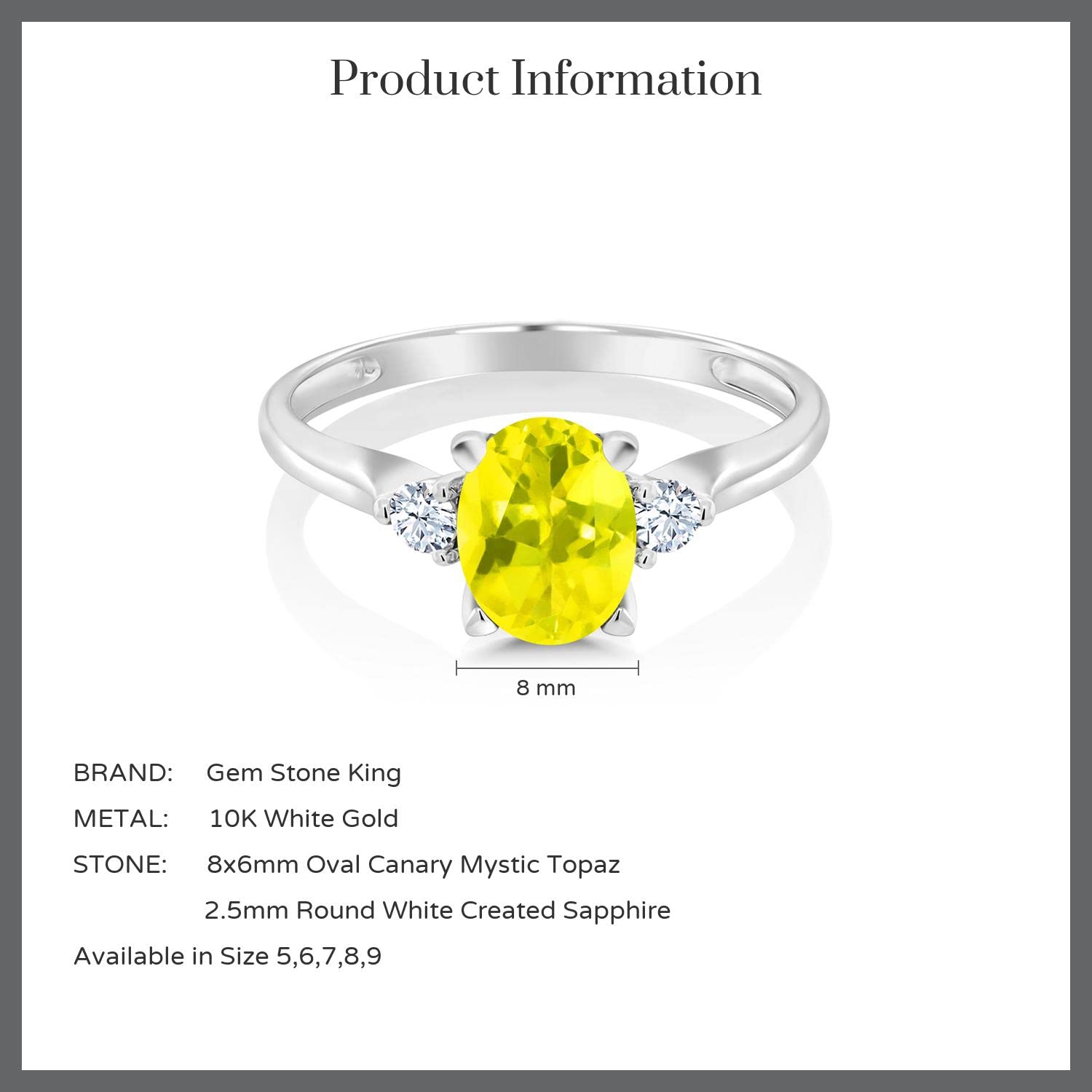 Gem Stone King 1.66 Ct Oval Canary Mystic Topaz White Created Sapphire 10K White Gold Ring (Size 5)