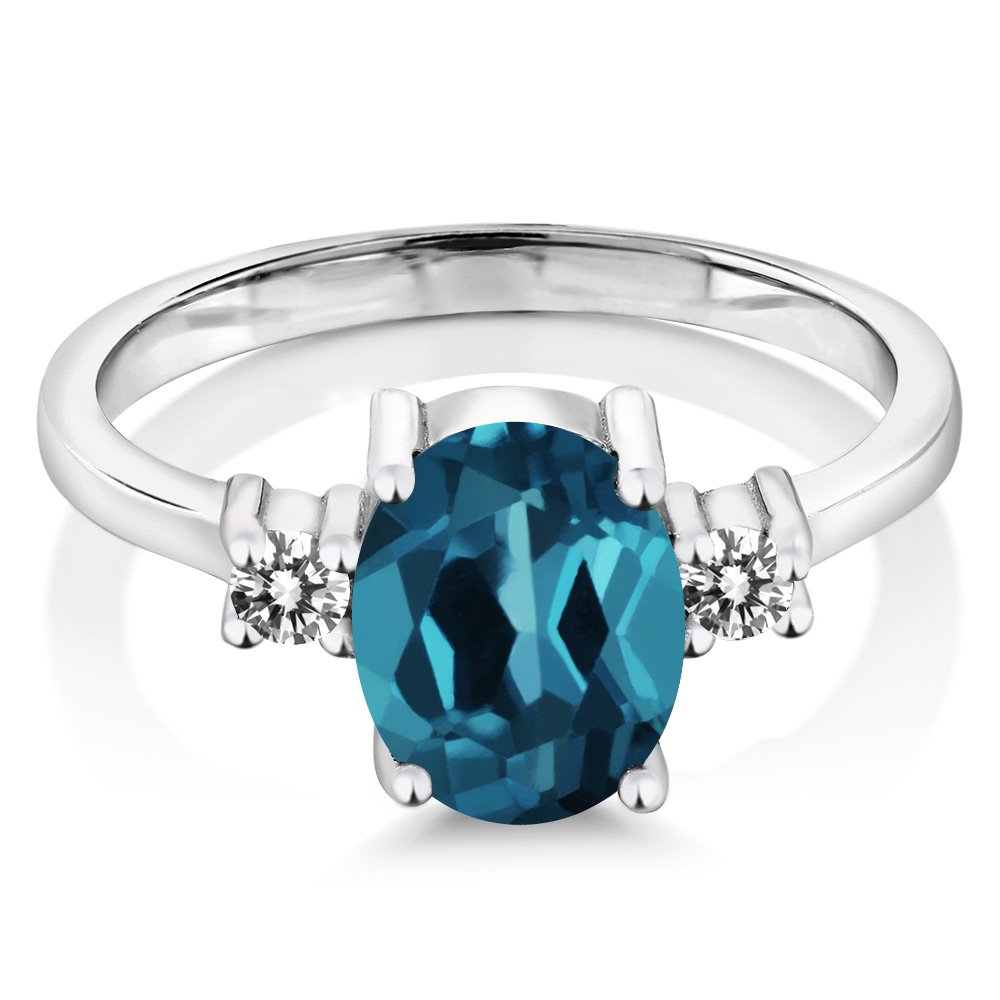 Gem Stone King 925 Sterling Silver Oval London Blue Topaz and White Diamond Ring For Women (1.93 Cttw, Gemstone Birthstone, Available In Size 5, 6, 7, 8, 9)