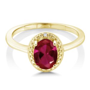 Gem Stone King 18K Yellow Gold Plated Silver Red Created Ruby and White Diamond Engagement Ring For Women (1.16 Cttw, Gemstone July Birthstone, Oval 8X6MM, Available In Size 5, 6, 7, 8, 9)