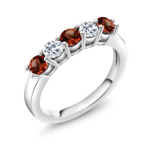 gem stone king 925 sterling silver red garnet and white topaz 5-stone wedding anniversary band ring for women (1.03 cttw, gemstone january birthstone, available in size 5, 6, 7, 8, 9)