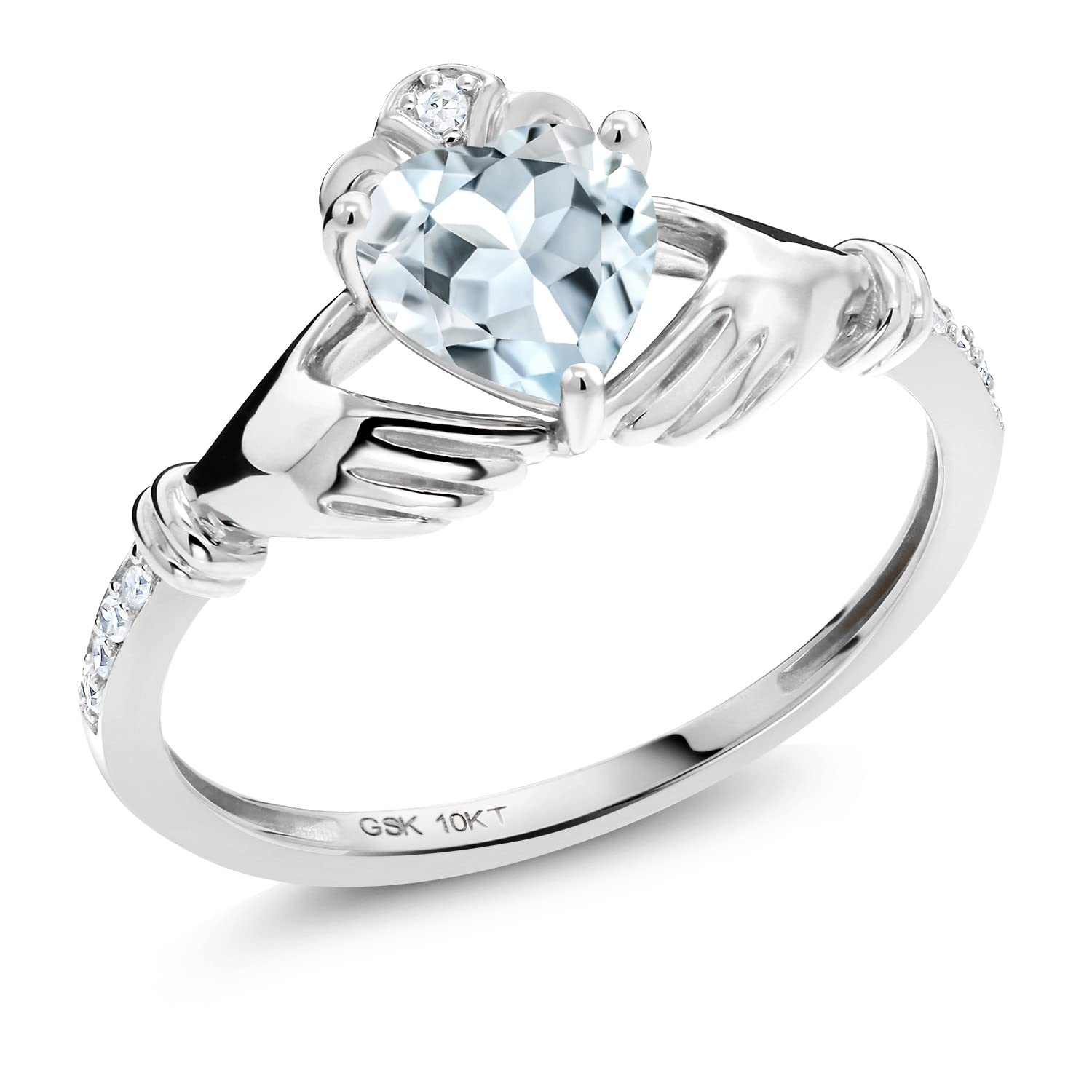 Gem Stone King 10K White Gold Sky Blue Aquamarine and White Diamond Irish Celtic Claddagh Ring For Women | 0.79 Cttw | Heart Shape 6MM | Gemstone Birthstone, Available In Size 5, 6, 7, 8, 9