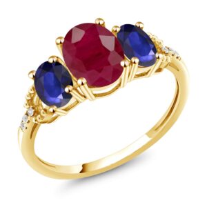 Gem Stone King 10K Yellow Gold Oval Red Ruby and Blue Sapphire Women 3 Stone Engagement Ring (5.29 Cttw, Gemstone Birthstone) (Size 8)