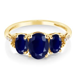 Gem Stone King 2.94 Cttw 10K Yellow Gold Blue Sapphire and Diamond 3-Stone Engagement Ring | Gemstone Birthstone | 3 Stone Wedding Anniversary Promise Ring For Women (Size 6)