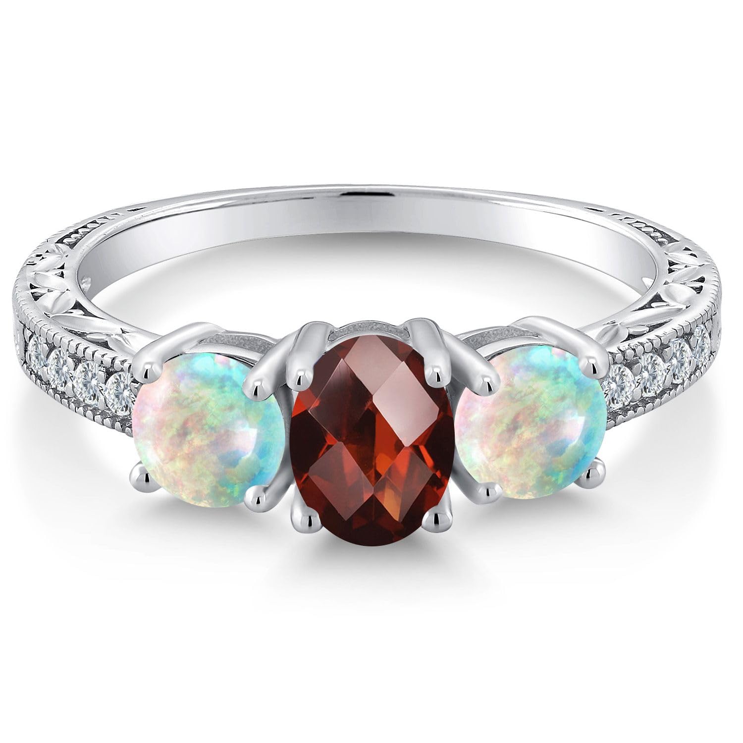 Gem Stone King 925 Sterling Silver Oval Checkerboard Red Garnet and White Simulated Opal Ring For Women (2.12 Cttw, Gemstone Birthstone, Available In Size 5, 6, 7, 8, 9)