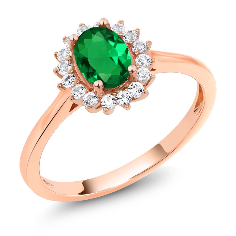 Gem Stone King 10K Rose Gold Green Simulated Emerald and White Created Sapphire Engagement Ring For Women (0.84 Cttw, Oval 7X5MM, Available In Size 5, 6, 7, 8, 9)