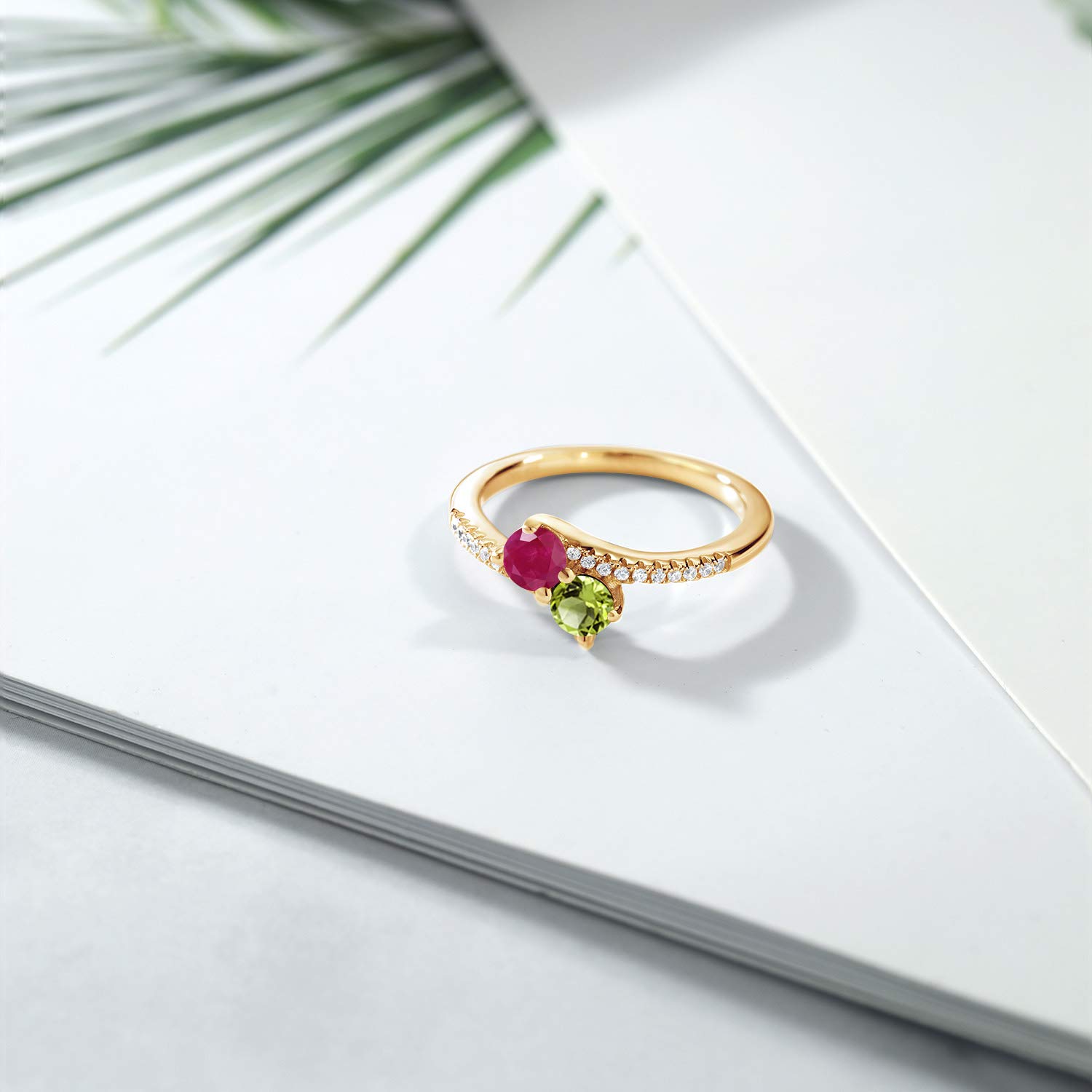 Gem Stone King 18K Yellow Gold Plated Silver Red Ruby and Green Peridot Bypass Ring For Women (0.89 Cttw, Gemstone July Birthstone, Round 4MM, Available In Size 5, 6, 7, 8, 9)