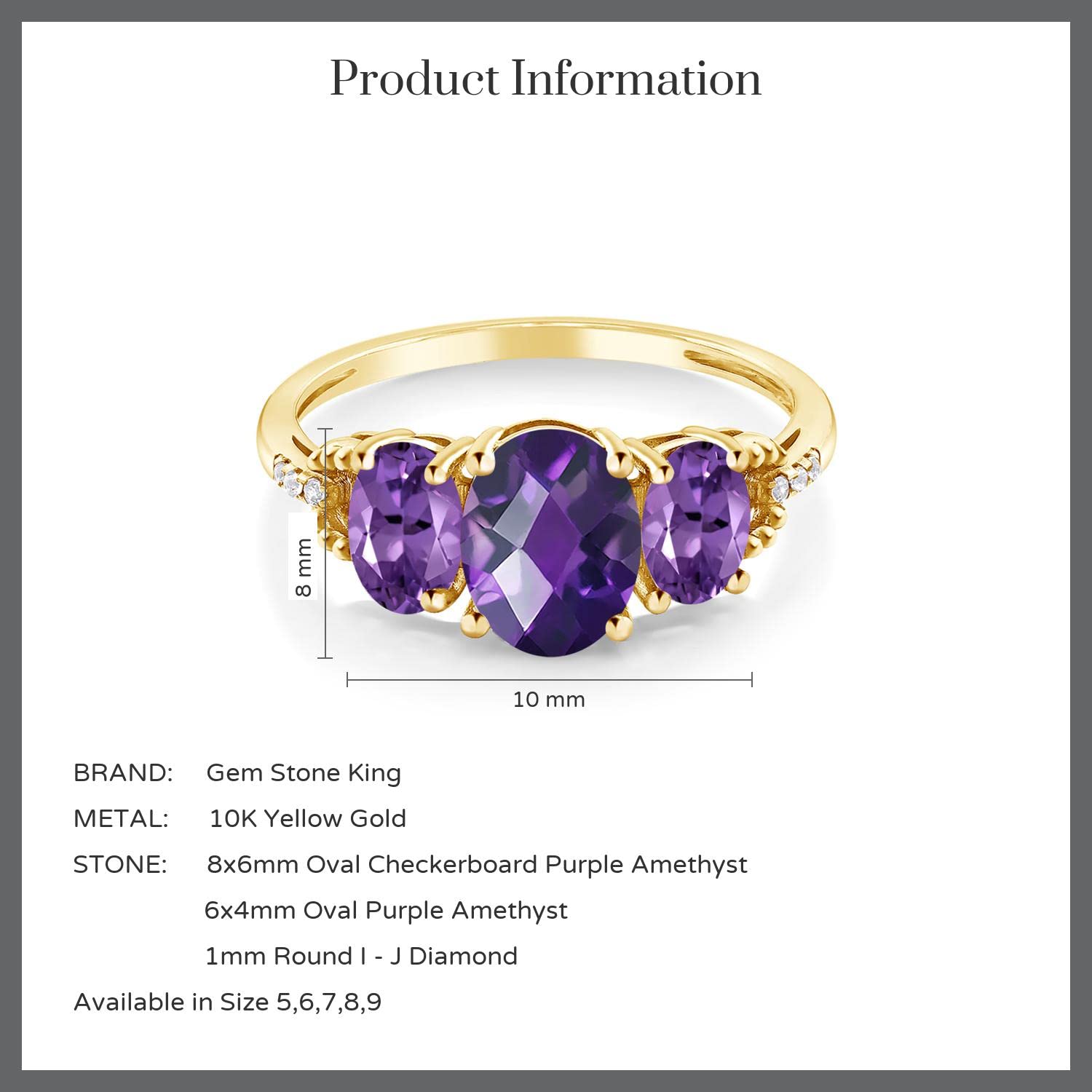 Gem Stone King 10K Yellow Gold Oval Checkerboard Purple Amethyst and Diamond Accent 3-Stone Engagement Ring | 2.14 Cttw | 3 Stone Wedding Anniversary Promise Ring For Women (Size 5)