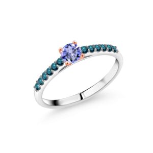 gem stone king 0.50 ct 4mm round blue tanzanite blue diamond 925 silver and 10k rose gold ring (size 7)