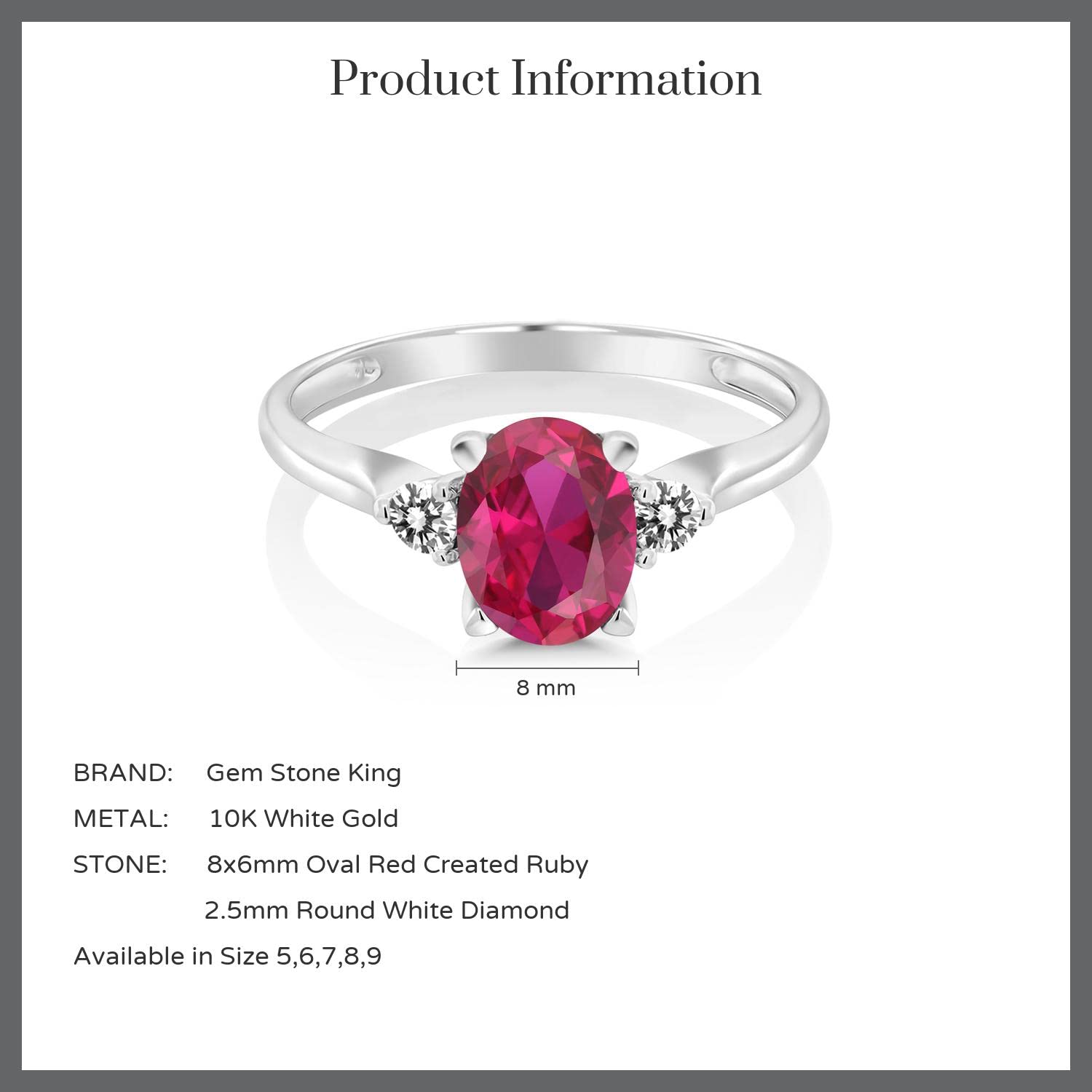 Gem Stone King 10K White Gold Oval Red Created Ruby and White Diamond Engagement Ring For Women (1.63 Cttw, Available In Size 5, 6, 7, 8, 9)