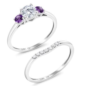 10K White Gold Moissanite From Charles & Colvard Amethyst and Lab Grown Diamond 3-Stone Bridal Engagement Wedding Ring Set For Women | 0.77 Cttw | Available in Size 5-9