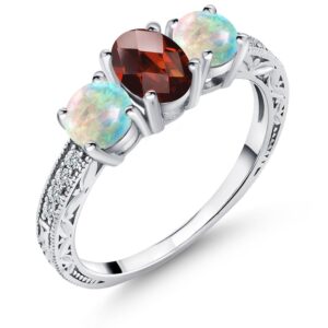 Gem Stone King 925 Sterling Silver Oval Checkerboard Red Garnet and White Simulated Opal Ring For Women (2.12 Cttw, Gemstone Birthstone, Available In Size 5, 6, 7, 8, 9)