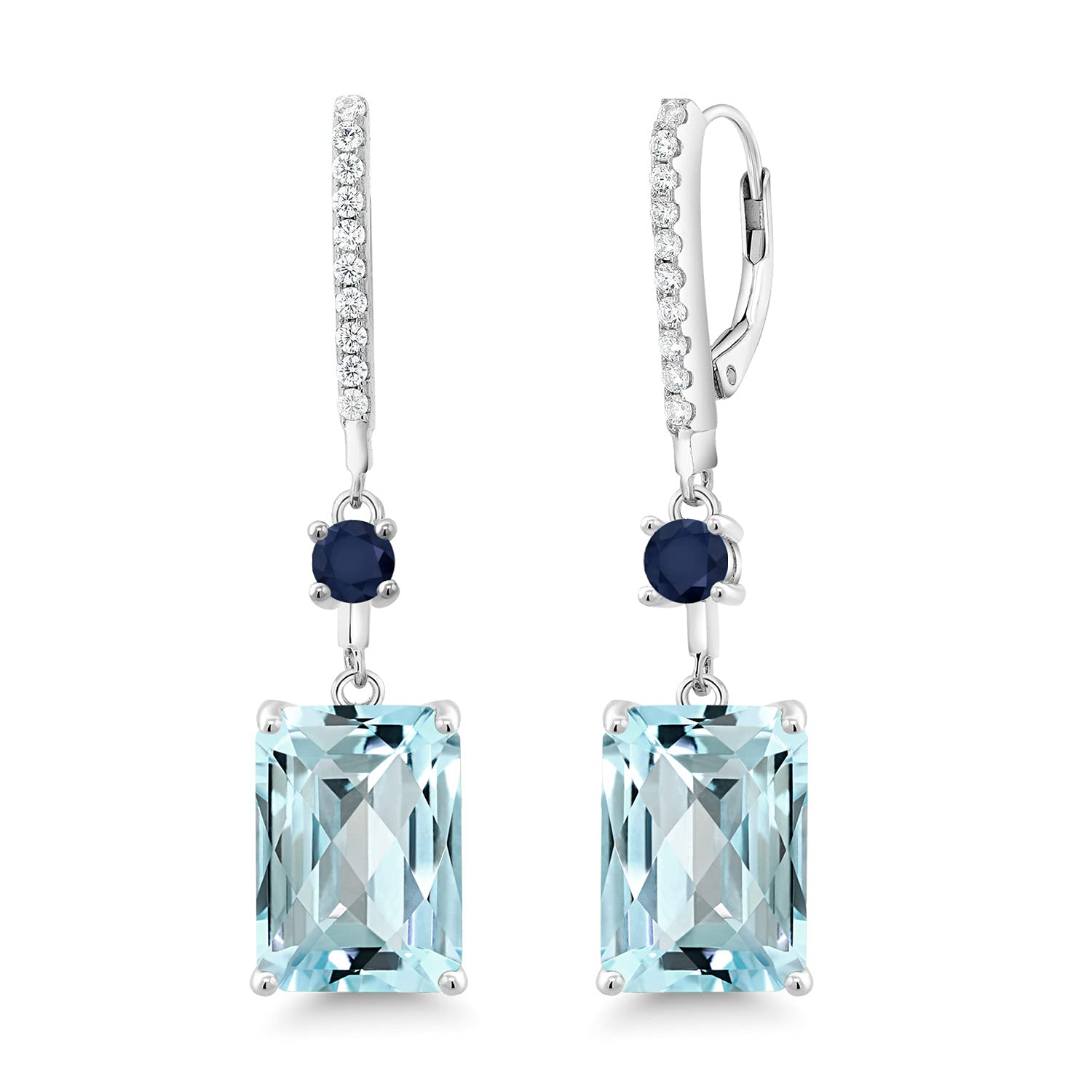 Gem Stone King 17.60 Ct Octagon Checkerboard Sky Blue Topaz Blue Sapphire 925 Silver Dangle Earrings