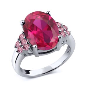 Gem Stone King 5.38 Ct Oval Red Created Ruby Pink Lab Grown Diamond 925 Sterling Silver Ring (Size 7)