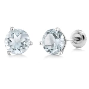 Gem Stone King 18K White Gold Sky Blue Aquamarine Martini Stud Earrings For Women (1.50 Ct Round 6MM)