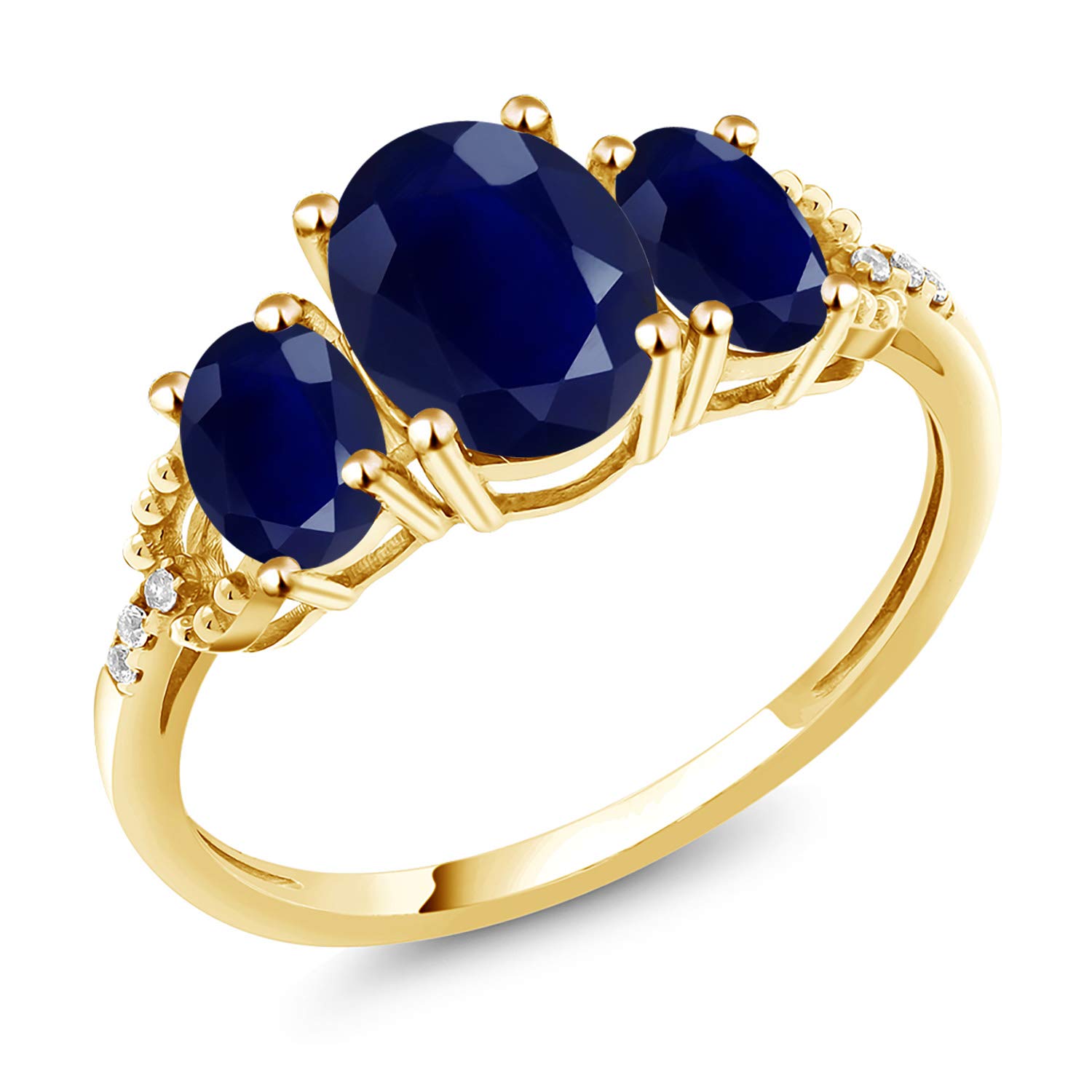 Gem Stone King 2.94 Cttw 10K Yellow Gold Blue Sapphire and Diamond 3-Stone Engagement Ring | Gemstone Birthstone | 3 Stone Wedding Anniversary Promise Ring For Women (Size 6)