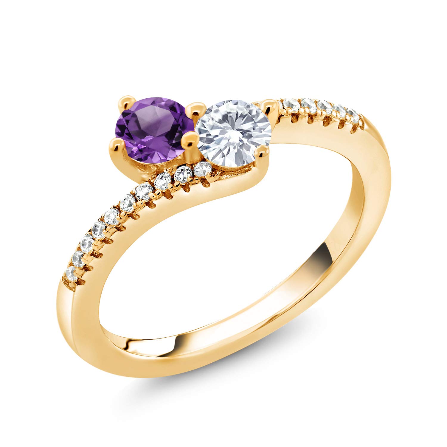 18K Yellow Gold Plated Silver Amethyst White Moissanite from Charles & Colvard and Zirconia Bypass Ring For Women (0.72 Cttw, Gemstone February Birthstone, Round 4MM, Available In Size 5, 6, 7, 8, 9)