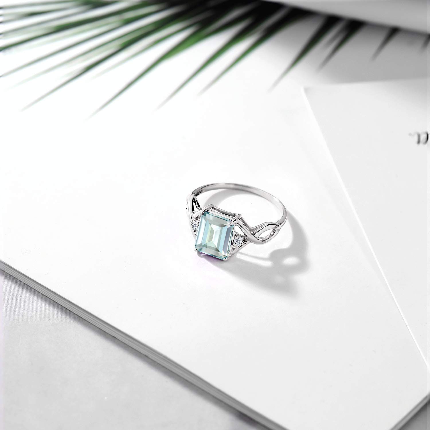 Gem Stone King 2.34 Cttw Sky Blue Simulated Aquamarine and White Topaz Women Ring In 925 Sterling Silver | Emerald Cut 9X7MM | Gemstone Birthstone | Available In Size 5, 6, 7, 8, 9