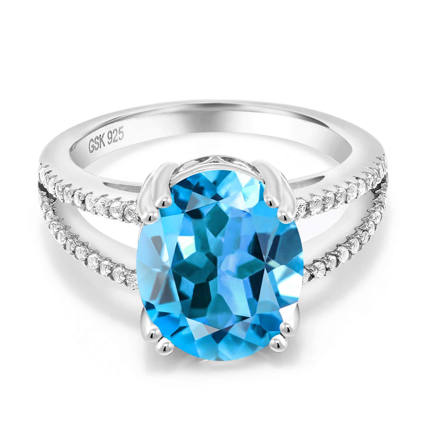 Gem Stone King 925 Sterling Silver Swiss Blue Topaz Ring For Women (5.48 Cttw, Oval 12X10MM, Gemstone November Birthstone, Available In Size 5, 6, 7, 8, 9)