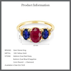 Gem Stone King 10K Yellow Gold Oval Red Ruby and Blue Sapphire Women 3 Stone Engagement Ring (5.29 Cttw, Gemstone Birthstone) (Size 8)