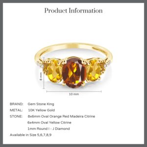 Gem Stone King 10K Yellow Gold Oval Orange Red Madeira Citrine Yellow Citrine and diamond Accent 3-Stone Ring | 2.04 Cttw | 3 Stone Wedding Engagement Anniversary Promise Ring For Women (Size 9)