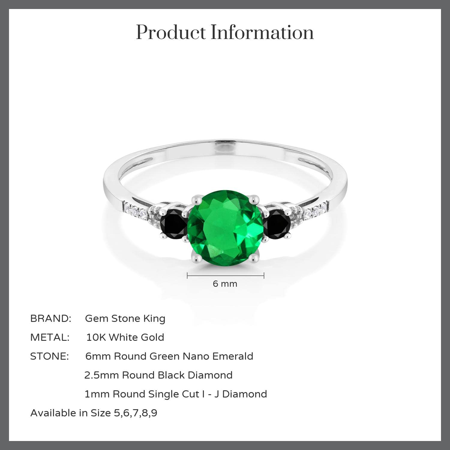 Gem Stone King 10K White Gold Green Nano Emerald Black Diamond and White Diamond Accent 3-Stone Engagement Ring For Women (0.95 Cttw, Round 6MM, Gemstone May Birthstone, Size 6)