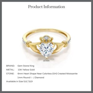 Gem Stone King 10K Yellow Gold Heart Shape White Moissanite and White Diamond Solitaire Irish Celtic Claddagh Ring For Women (0.86 Cttw, Available in size 5, 6, 7, 8, 9)