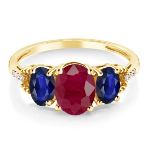 Gem Stone King 10K Yellow Gold Oval Red Ruby and Blue Sapphire Women 3 Stone Engagement Ring (5.29 Cttw, Gemstone Birthstone) (Size 8)