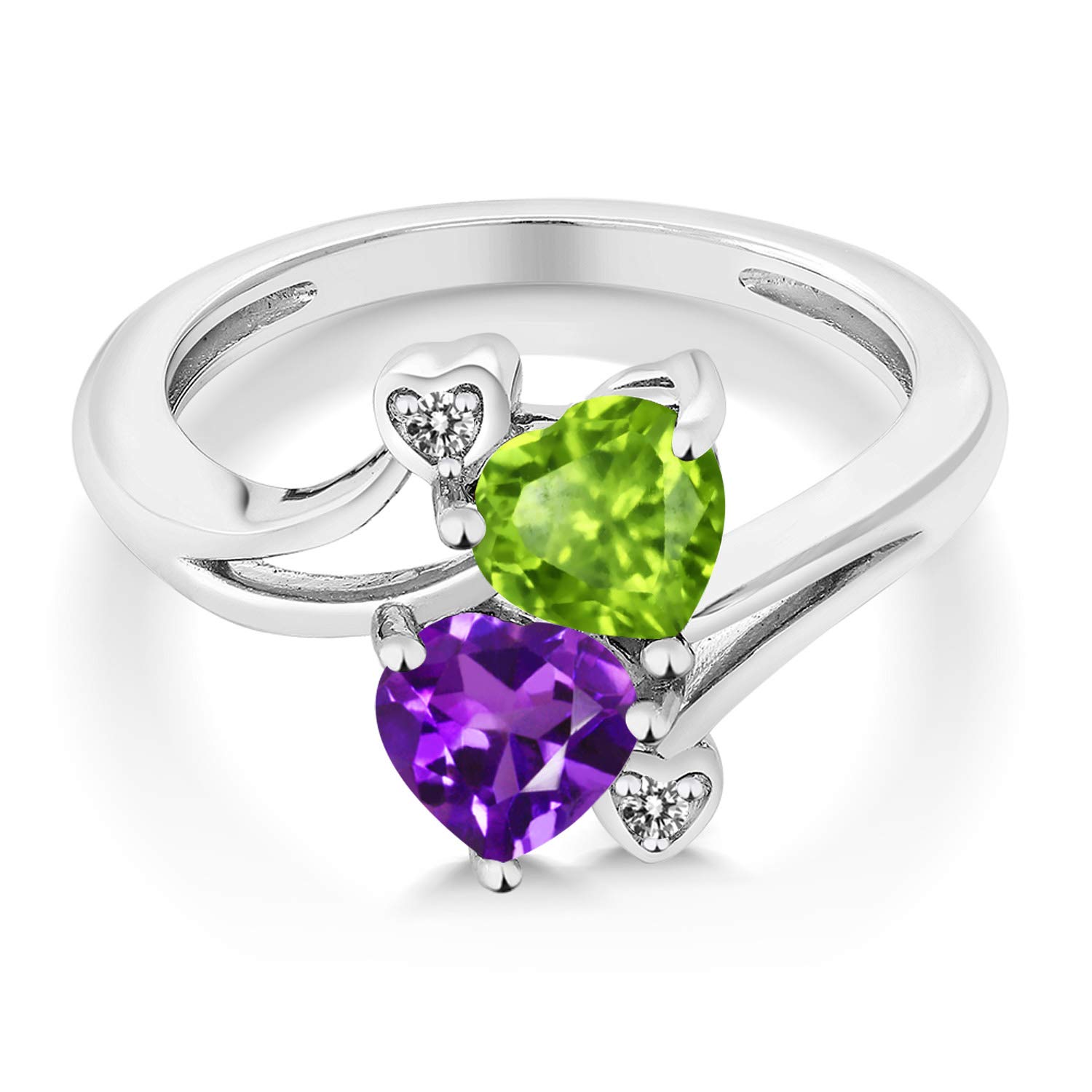 Gem Stone King 10K White Gold Heart Shape Purple Amethyst Green Peridot and White Diamond Accent Ring For Women (1.51 Cttw, Gemstone Birthstone, Available In Size 5, 6, 7, 8, 9)