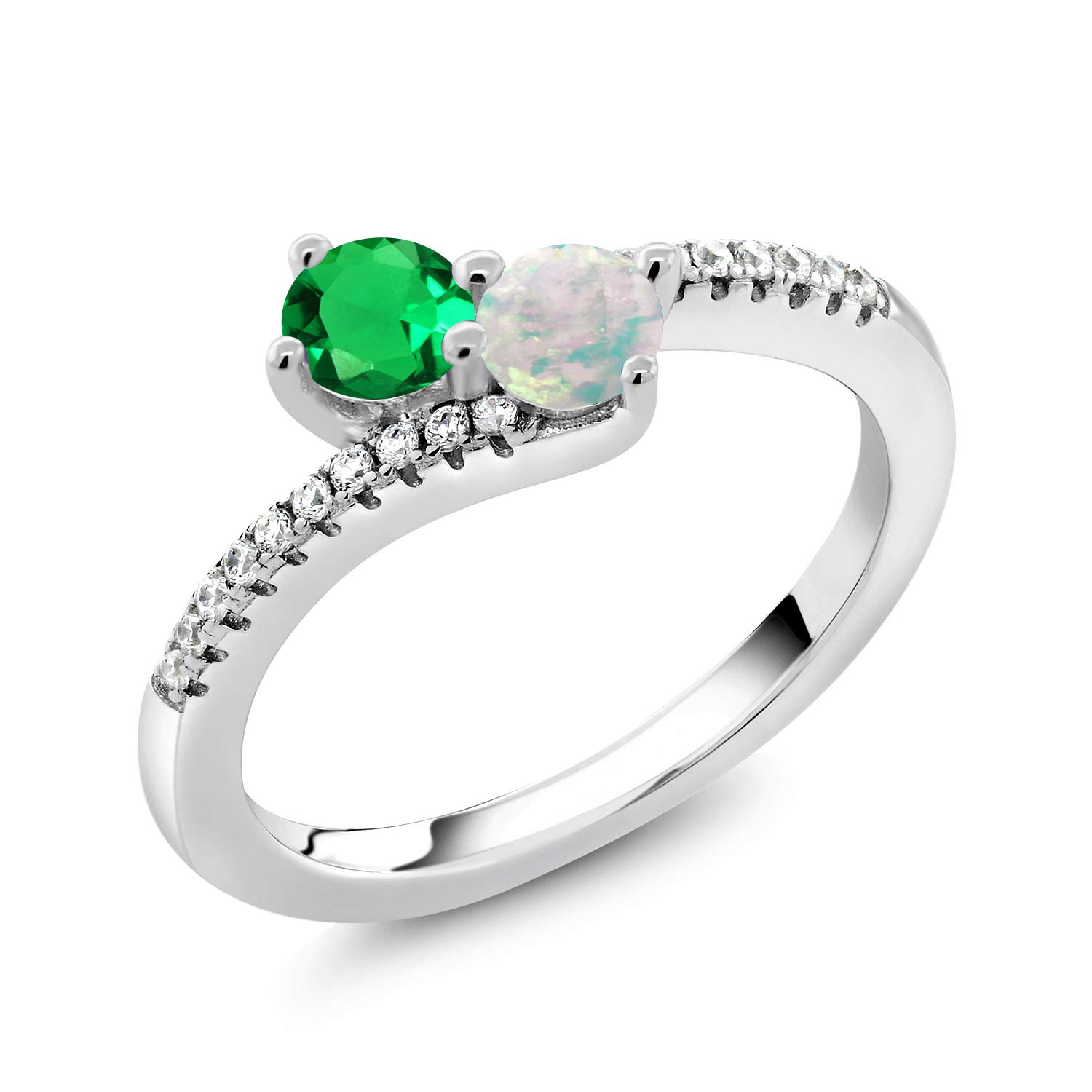 Gem Stone King 925 Sterling Silver Green Nano Emerald and White Opal Bypass Ring For Women (0.79 Cttw, Gemstone May Birthstone, Round 4MM, Available In Size 5, 6, 7, 8, 9)