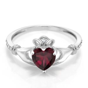 Gem Stone King 10K White Gold Heart Shape Red Rhodolite Garnet and White Diamond Irish Celtic Claddagh Women Ring (0.78 Cttw, Gemstone Birthstone, Available In Size 5, 6, 7, 8, 9)