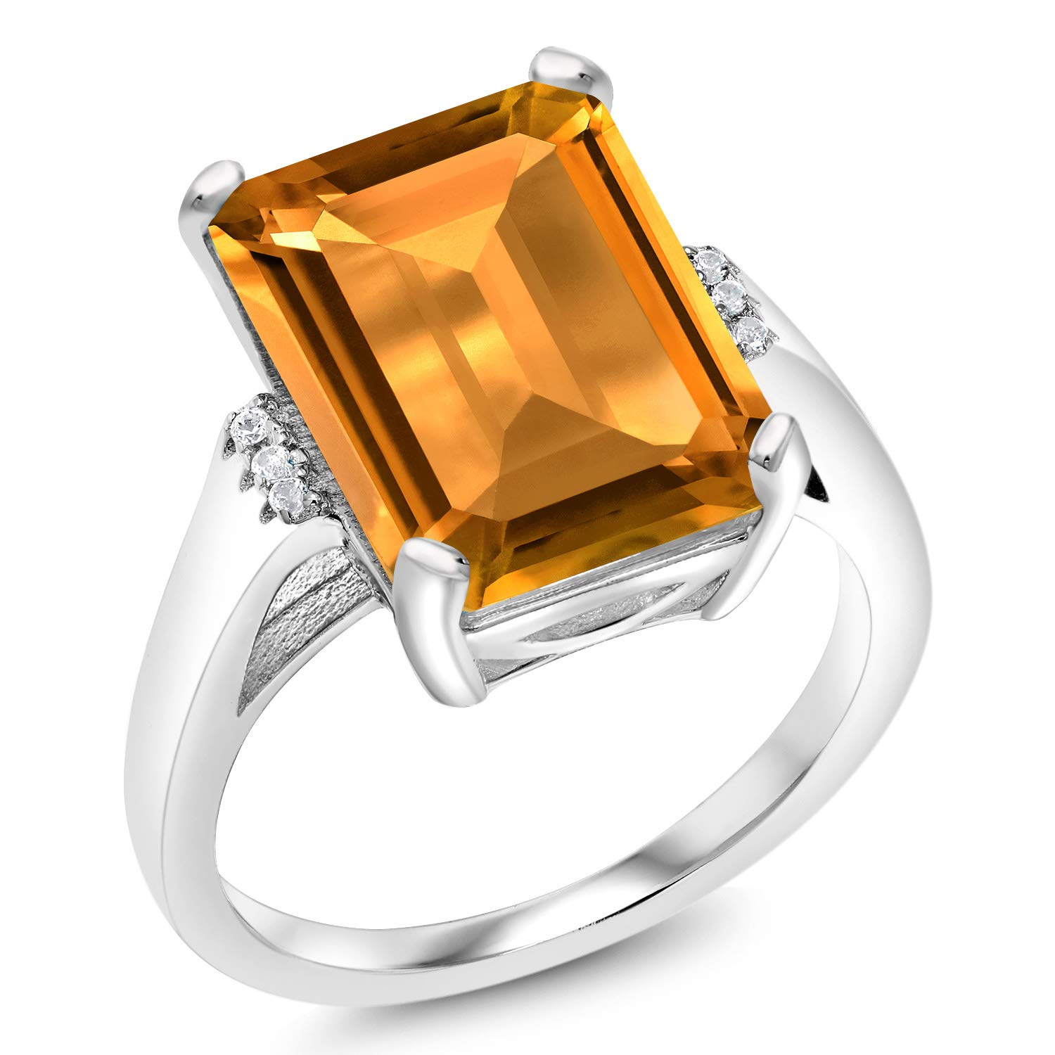 Gem Stone King 925 Sterling Silver Yellow Citrine Engagement Ring For Women (8.27 Cttw, Emerald Cut 14X10MM, Gemstone Birthstone, Available in size 5, 6, 7, 8, 9)