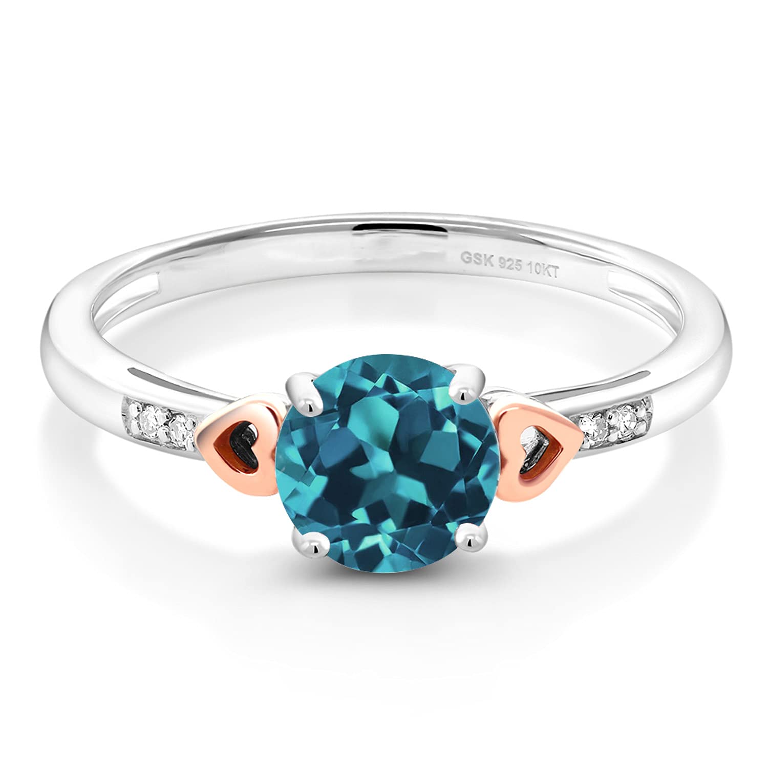 Gem Stone King 925 Silver and 10K Rose Gold London Blue Topaz and White Diamond Solitaire Engagement Ring For Women (1.36 Cttw, Round 6.5MM, Gemstone November Birthstone, Size 5)