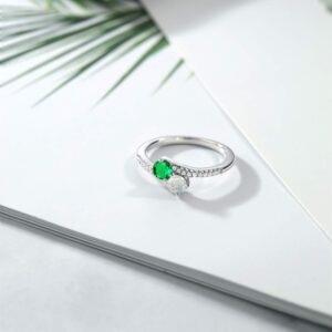 Gem Stone King 925 Sterling Silver Green Nano Emerald and White Opal Bypass Ring For Women (0.79 Cttw, Gemstone May Birthstone, Round 4MM, Available In Size 5, 6, 7, 8, 9)