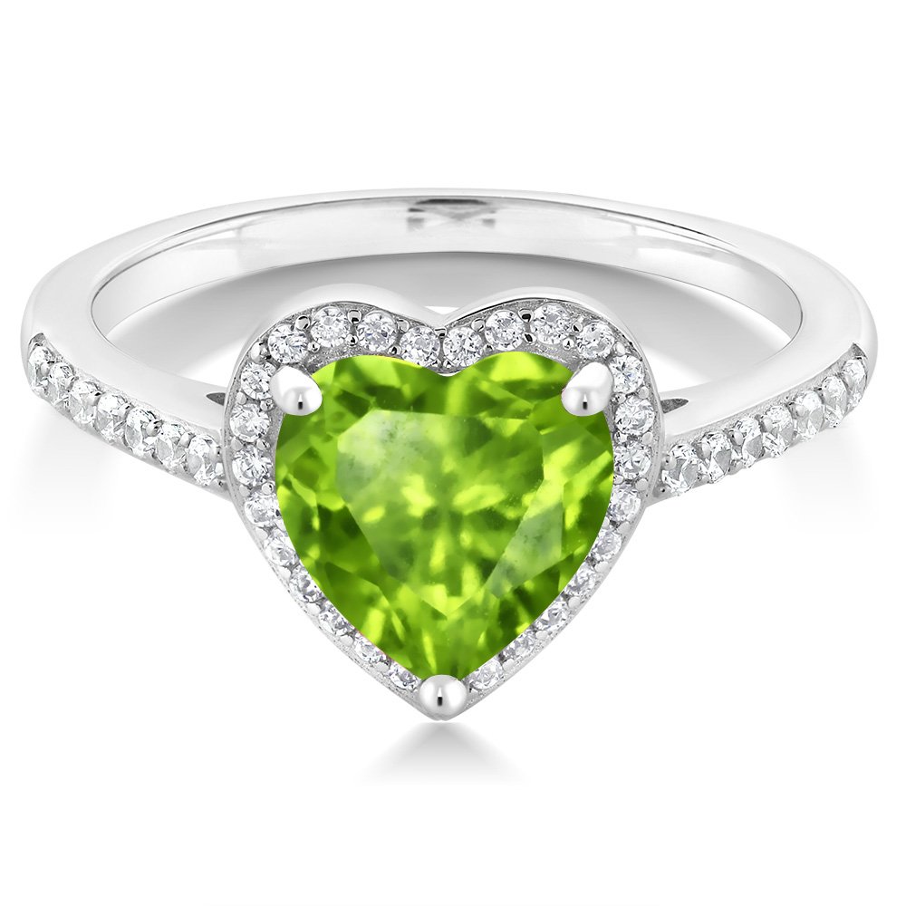 Gem Stone King 1.71 Ct Heart Shape Green Peridot 925 Sterling Silver Engagement Ring (Size 9)