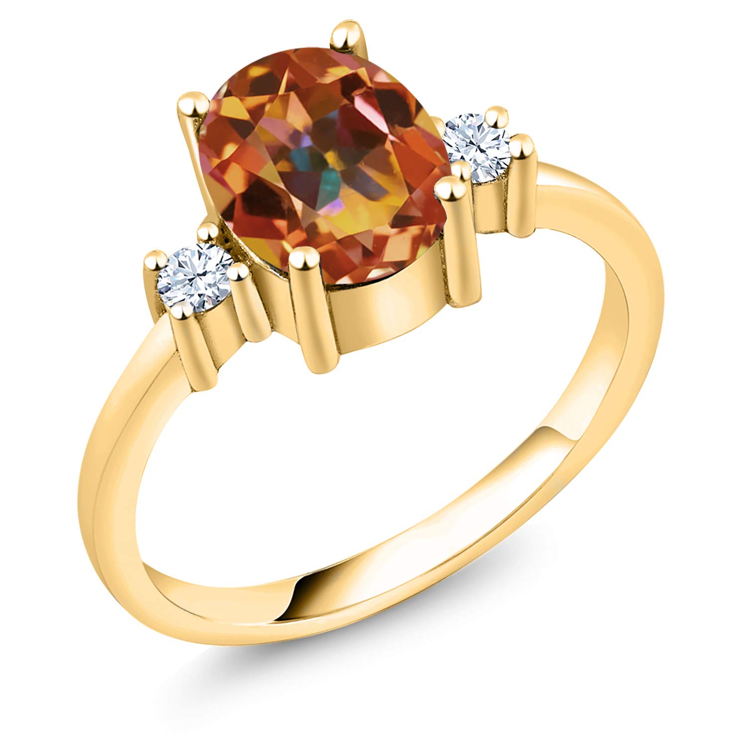 Gem Stone King 2.10 Ct Ecstasy Mystic Topaz White Created Sapphire 18K Yellow Gold Plated Silver Ring (Size 7)