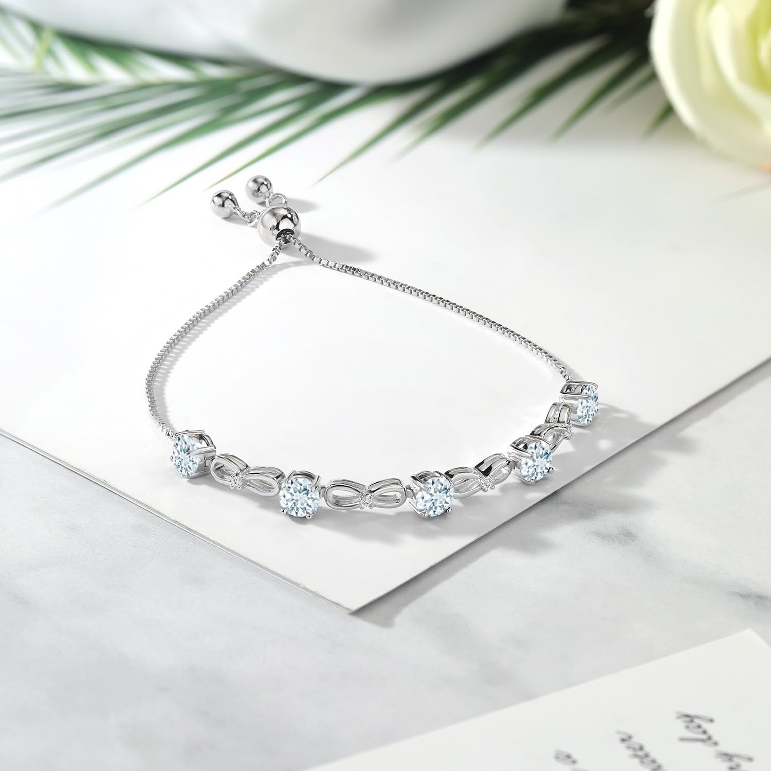 Gem Stone King 925 Sterling Silver Sky Blue Aquamarine and White Lab Grown Diamond Tennis Bracelet For Women (2.54 Cttw, Gemstone Birthstone, Fully Adjustable Up to 9 Inch)