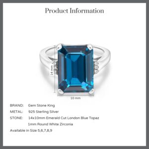 Gem Stone King 925 Sterling Silver London Blue Topaz With Accent Stone Engagement Ring For Women (9.57 Cttw, Emerald Cut 14X10MM, Gemstone Birthstone, Available in size 5, 6, 7, 8, 9)