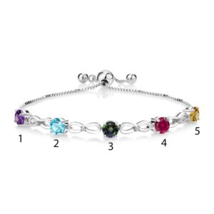 Gem Stone King 925 Sterling Silver Customized and Personalized 5 Gemstone Birthstone and White Lab Grown Diamond Adjustable Tennis Bracelet For Women