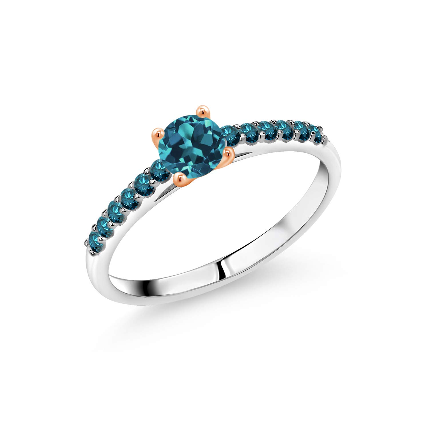 Gem Stone King 0.90 Ct 5mm Round London Blue Topaz Blue Diamond 925 Silver and 10K Rose Gold Ring (Size 7)