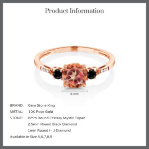 Gem Stone King 10K Rose Gold Ecstasy Mystic Topaz Black Diamond and White Diamond Accent 3-Stone Engagement Ring For Women (1.17 Cttw, Round 6MM, Gemstone November Birthstone, Size 9)