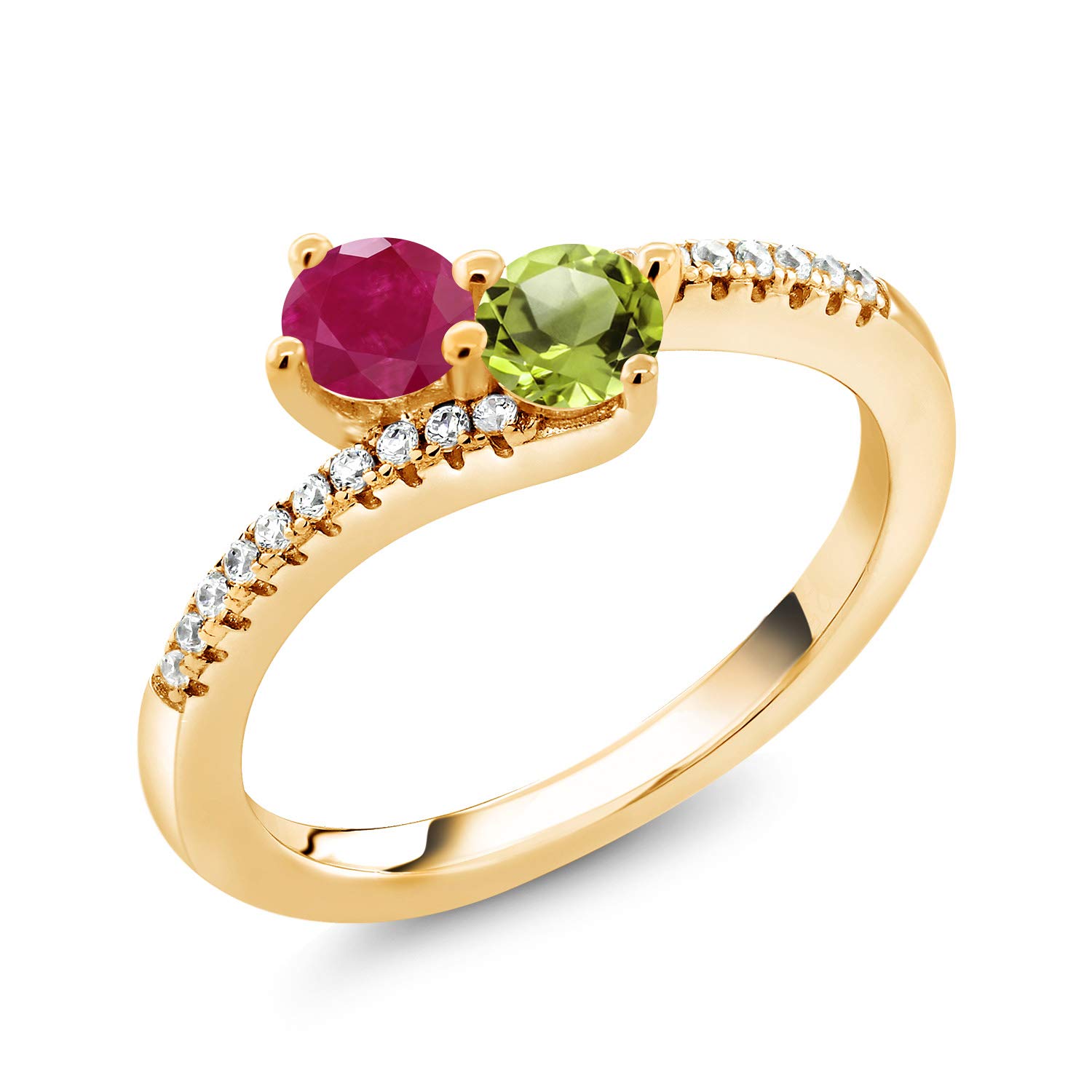 Gem Stone King 18K Yellow Gold Plated Silver Red Ruby and Green Peridot Bypass Ring For Women (0.89 Cttw, Gemstone July Birthstone, Round 4MM, Available In Size 5, 6, 7, 8, 9)