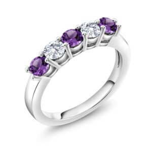 Gem Stone King 925 Sterling Silver Purple Amethyst and White Moissanite 5-Stone Wedding Anniversary Band Ring For Women (0.80 Cttw, Gemstone February Birthstone, Available In Size 5, 6, 7, 8, 9)