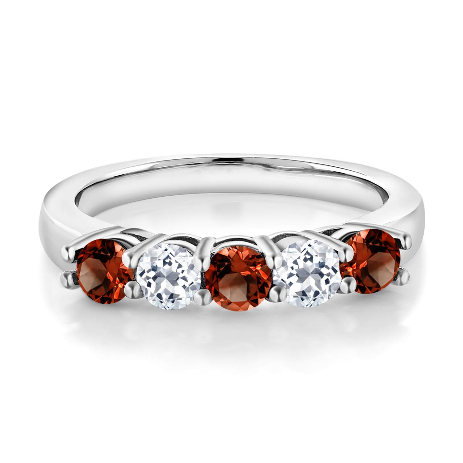 Gem Stone King 925 Sterling Silver Red Garnet and White Topaz 5-Stone Wedding Anniversary Band Ring For Women (1.03 Cttw, Gemstone January Birthstone, Available In Size 5, 6, 7, 8, 9)