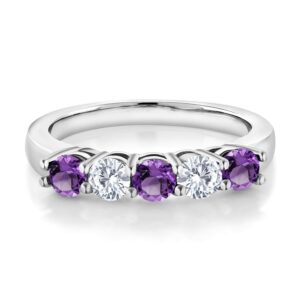 Gem Stone King 925 Sterling Silver Purple Amethyst and White Moissanite 5-Stone Wedding Anniversary Band Ring For Women (0.80 Cttw, Gemstone February Birthstone, Available In Size 5, 6, 7, 8, 9)