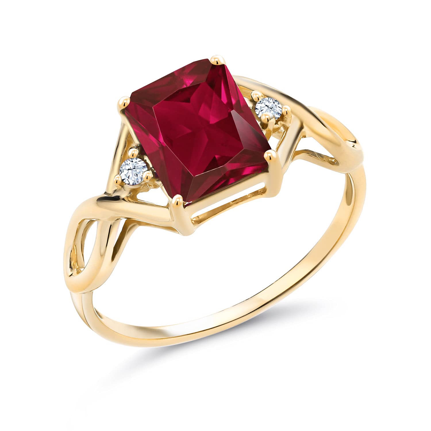 Gem Stone King 18K Yellow Gold Plated Silver Red Created Ruby Ring For Women (2.83 Cttw, Emerald Cut 9X7MM, Gemstone Birthstone, Available In Size 5, 6, 7, 8, 9)