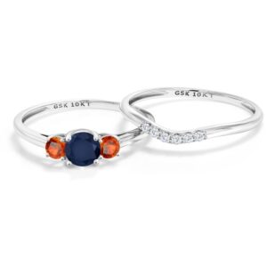 10K White Gold Blue Sapphire and Orange Sapphire and White Lab Grown Diamond 3-Stone Bridal Engagement Wedding Ring Set For Women (0.93 Cttw, Gemstone September Birthstone, Round 5MM, Size 8)