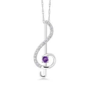 Gem Stone King 10K Gold 3MM Round Gemstone Birthstone and White Lab Grown Diamond Treble Clef Pendant Necklace Music Note Jewelry Gift For Women By Keren Hanan