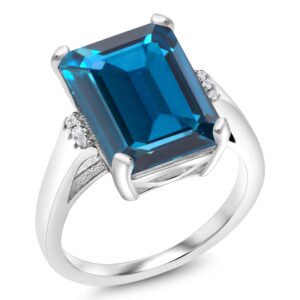 Gem Stone King 925 Sterling Silver London Blue Topaz With Accent Stone Engagement Ring For Women (9.57 Cttw, Emerald Cut 14X10MM, Gemstone Birthstone, Available in size 5, 6, 7, 8, 9)