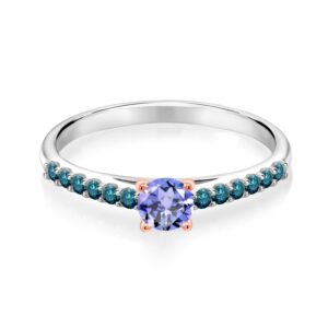 Gem Stone King 0.50 Ct 4mm Round Blue Tanzanite Blue Diamond 925 Silver and 10K Rose Gold Ring (Size 7)